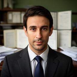 Avvocato davanti a un banco di studio con codici aperti, luce naturale e impostazione sobria da studio legale