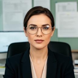 Avvocata con occhiali sottili in ufficio moderno, seduta accanto a documenti e computer in una scena ordinata